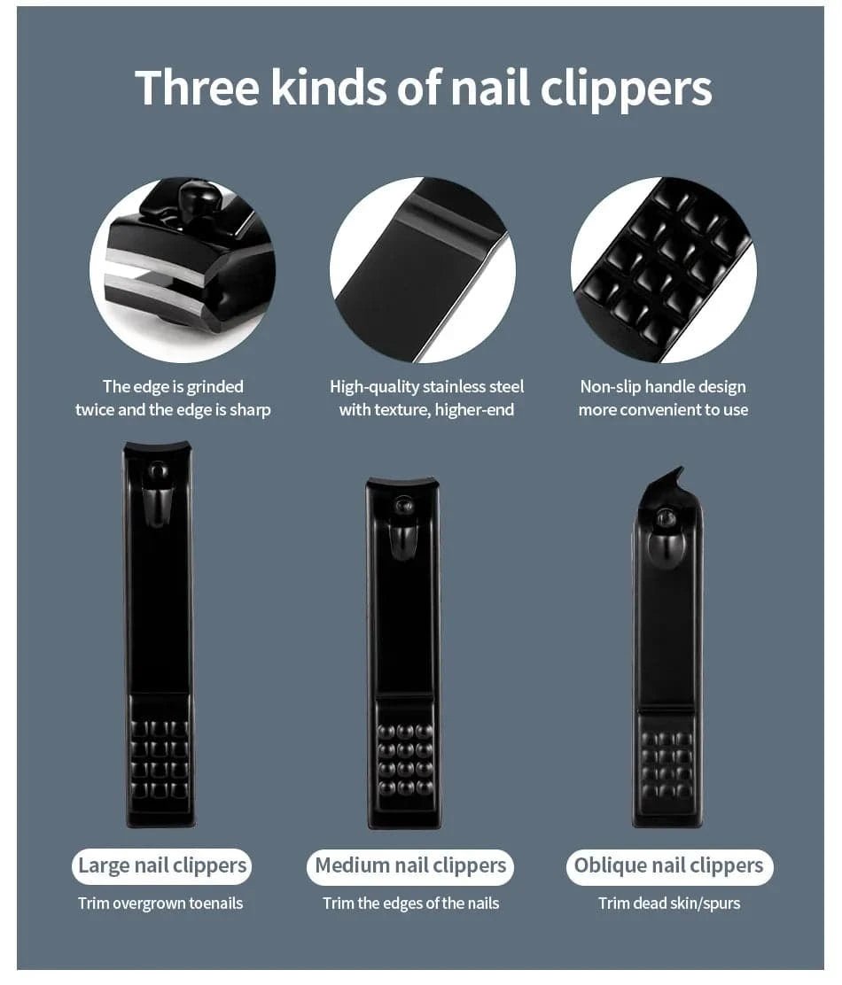Black Nail Clipper Set Stainless Steel Manicure Nail Scissors Pedicure Kit Nippers Trimmer Care Tool With Travel Case Kit - Passport Outfitters Apparel