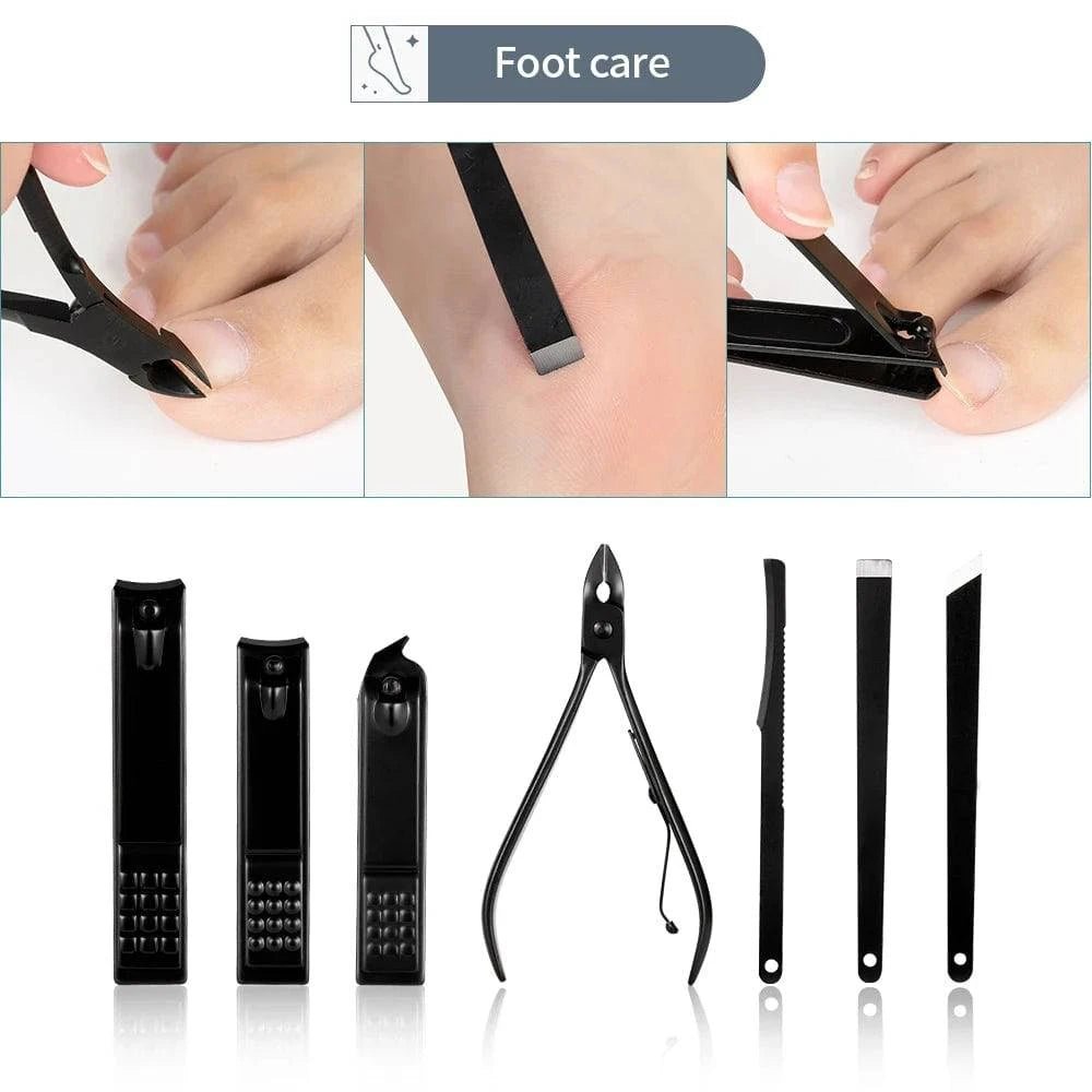 Black Nail Clipper Set Stainless Steel Manicure Nail Scissors Pedicure Kit Nippers Trimmer Care Tool With Travel Case Kit - Passport Outfitters Apparel
