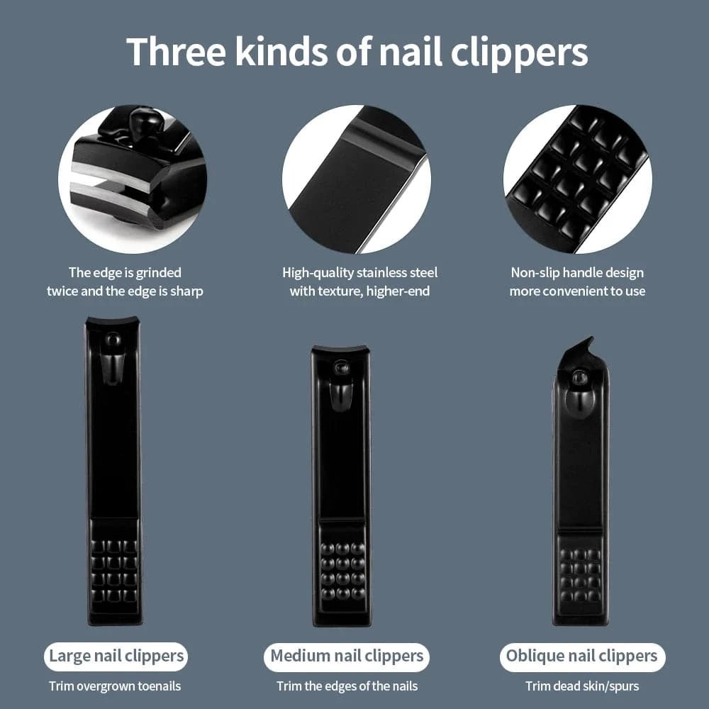 Black Nail Clipper Set Stainless Steel Manicure Nail Scissors Pedicure Kit Nippers Trimmer Care Tool With Travel Case Kit - Passport Outfitters Apparel