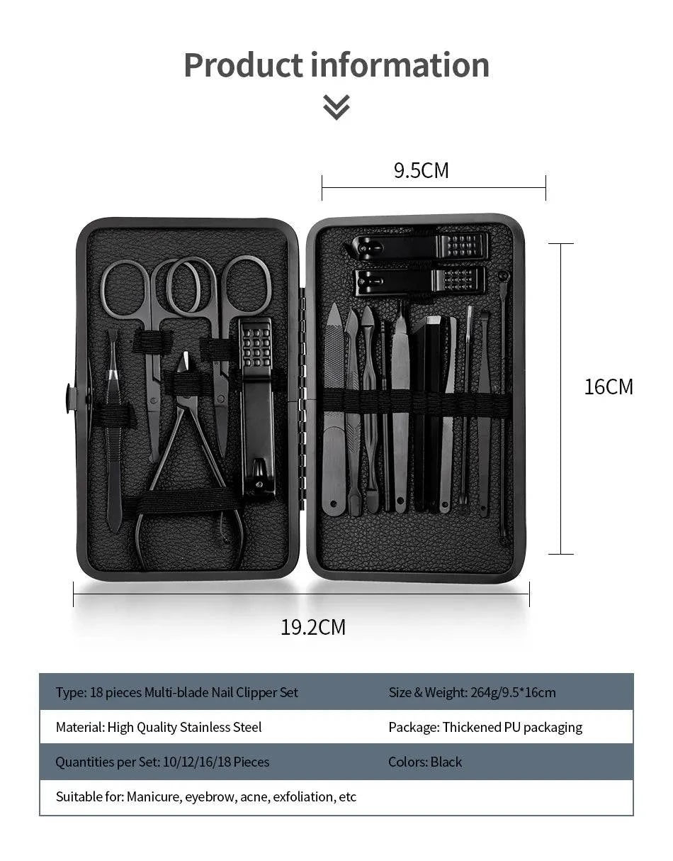 Black Nail Clipper Set Stainless Steel Manicure Nail Scissors Pedicure Kit Nippers Trimmer Care Tool With Travel Case Kit - Passport Outfitters Apparel