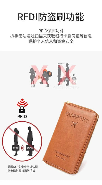 New Leather Passport Cover RFID Blocking Card Holder Zipper Wallet Travel Essentials Phone Bag International Travel Accessories - Passport Outfitters Apparel