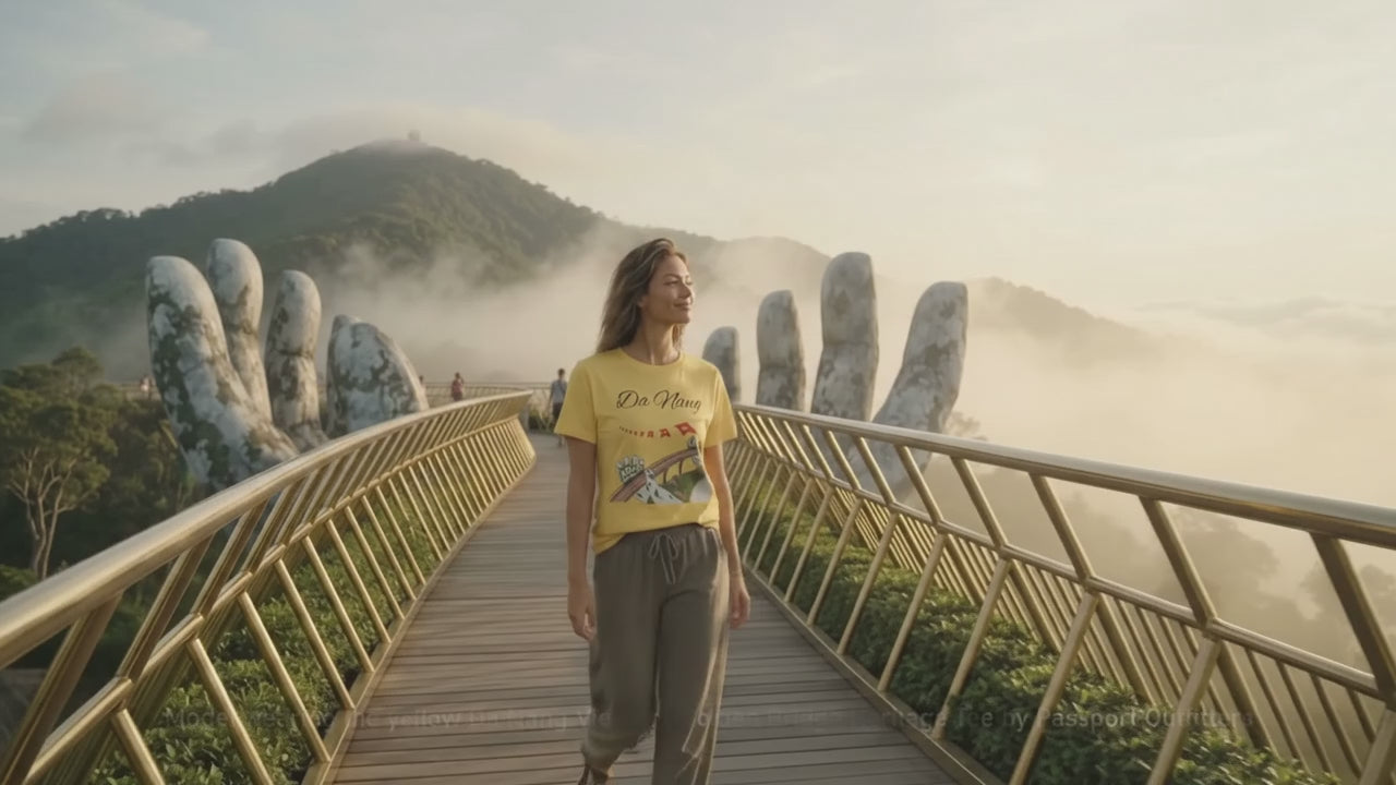 Model wearing the yellow Da Nang Vietnam Golden Bridge Heritage Tee by Passport Outfitters