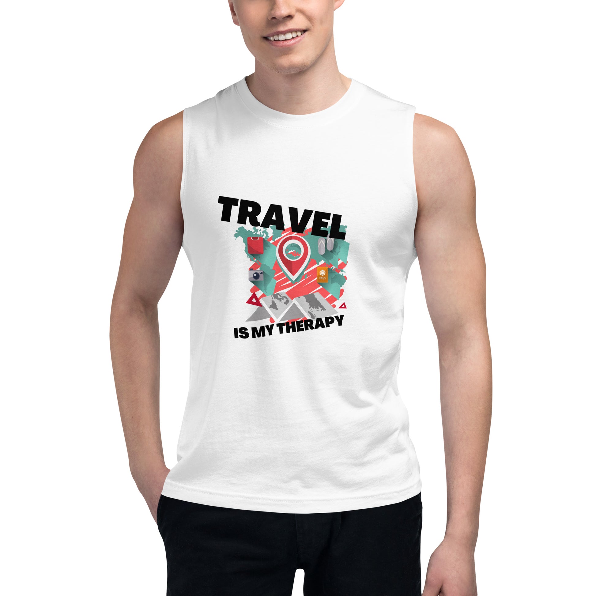 Passport Outfitters "Travel Is My Therapy" Unisex Fitness Shirt | Athletic Gym Tank Top by Passport Outfitters