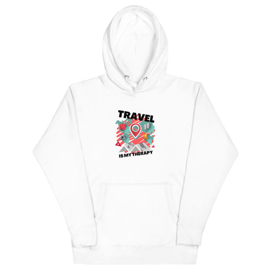 Travel Is My Therapy Hoodie | Unisex Graphic Streetwear Pullover | Passport Outfitters Airport Outfit by Passport Outfitters