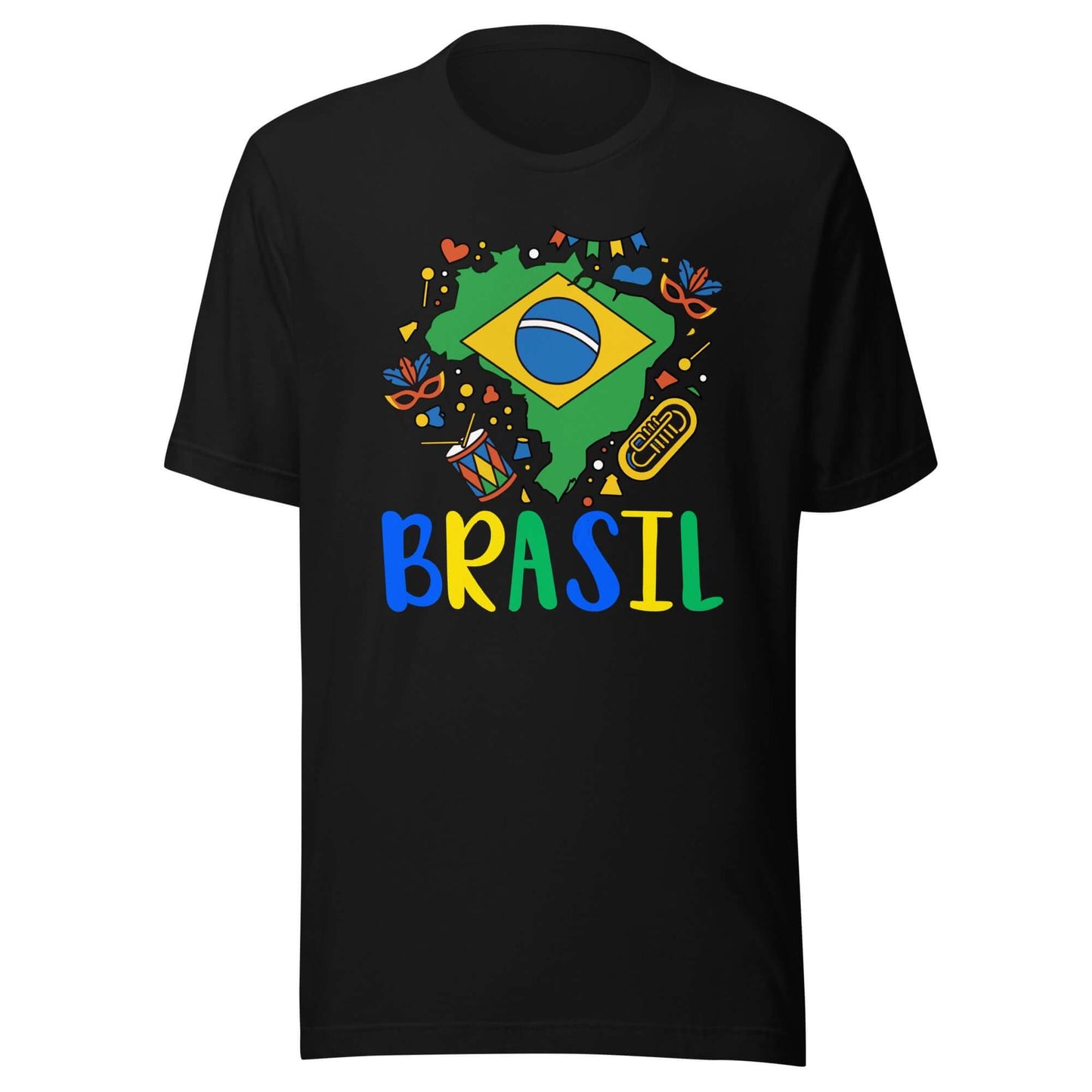 Brasil Unisex t-shirt featuring colorful Brazil design on a black background.