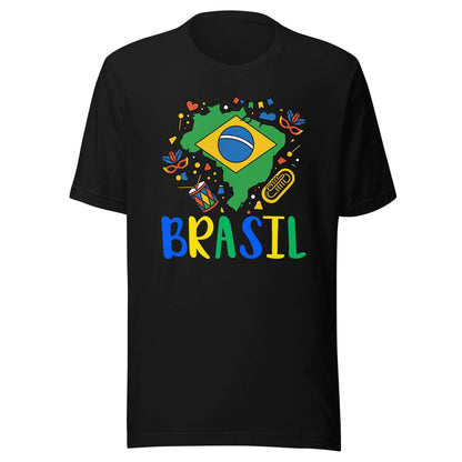Brasil Unisex t-shirt featuring colorful Brazil design on a black background.
