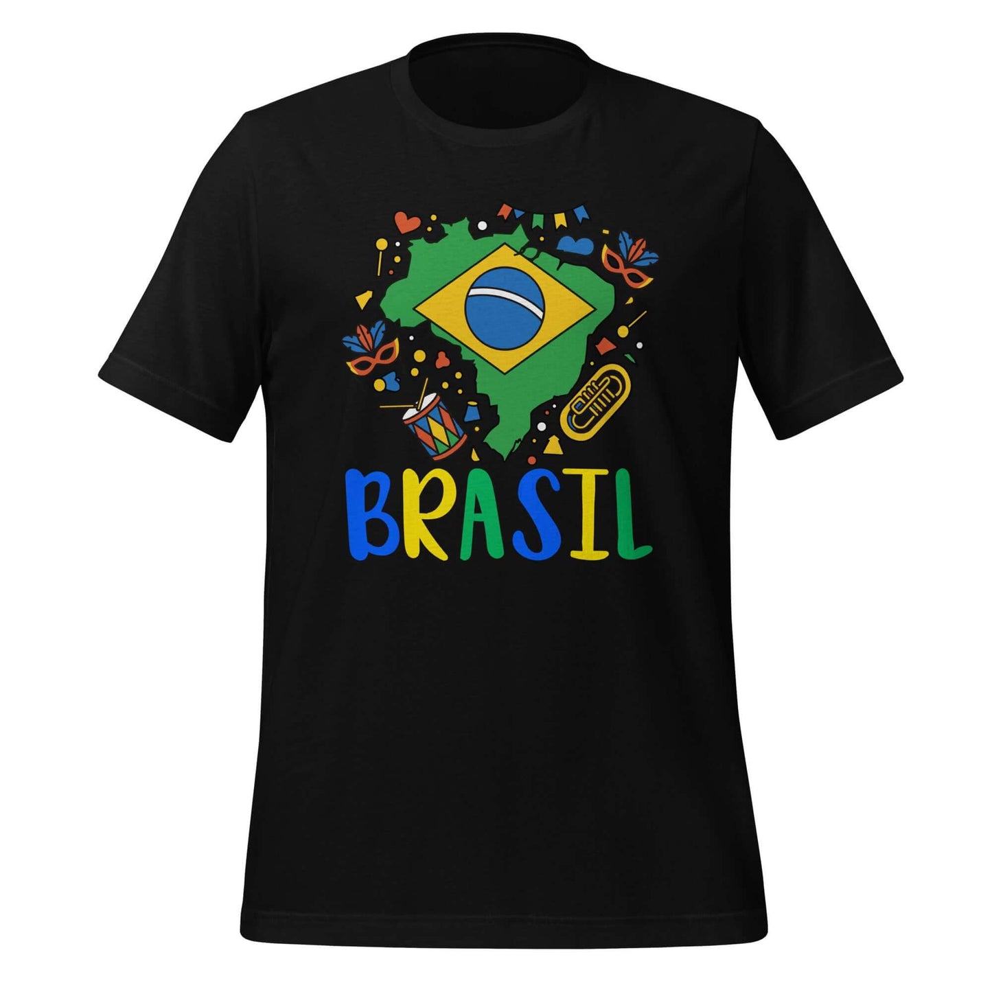 Brasil Unisex t-shirt with colorful Brazil flag design on a black background.