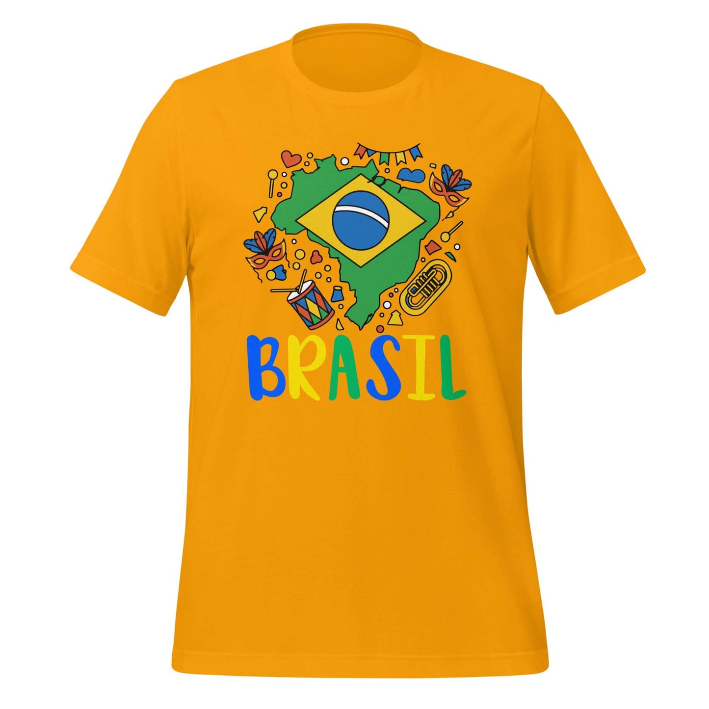 Brasil Unisex t-shirt featuring a colorful Brazilian flag design on a bright yellow fabric.