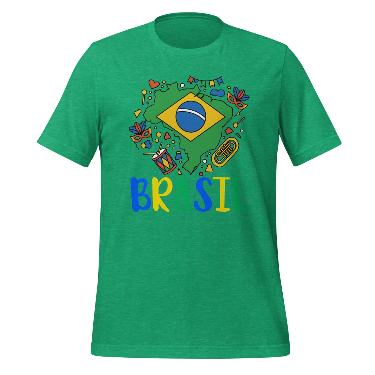 Brasil Unisex t-shirt featuring a colorful graphic design with the Brazilian flag and vibrant decorations.