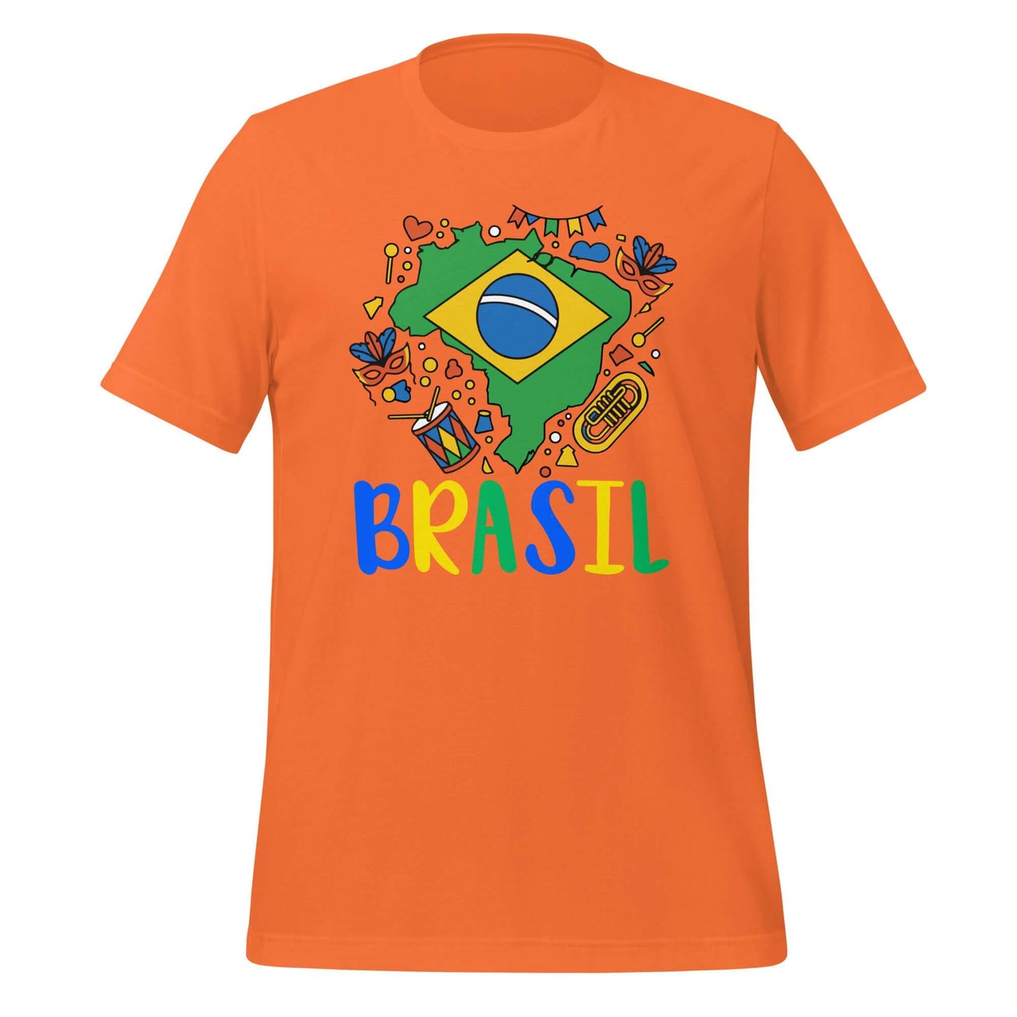 Brasil Unisex t-shirt featuring colorful Brazilian design on an orange background.