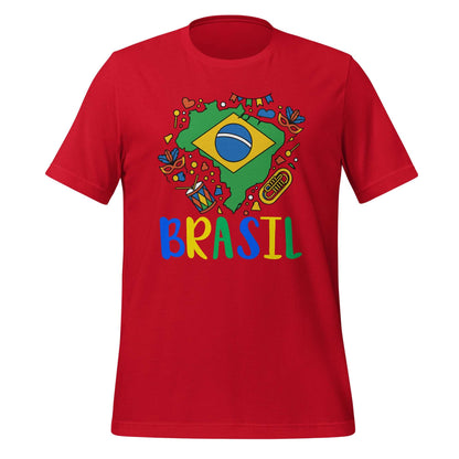 Brasil Unisex t-shirt featuring a colorful Brazilian flag design on a red background.