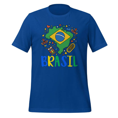 Brasil Unisex t-shirt featuring colorful Brazilian flag design on a blue background.