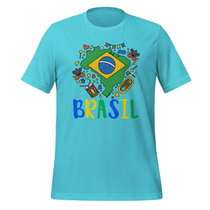 Brasil Unisex t-shirt featuring colorful Brazil-themed graphics on a vibrant blue background.