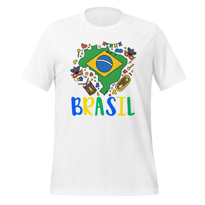 Brasil Unisex t-shirt featuring colorful Brasil graphic and vibrant design on a white background.