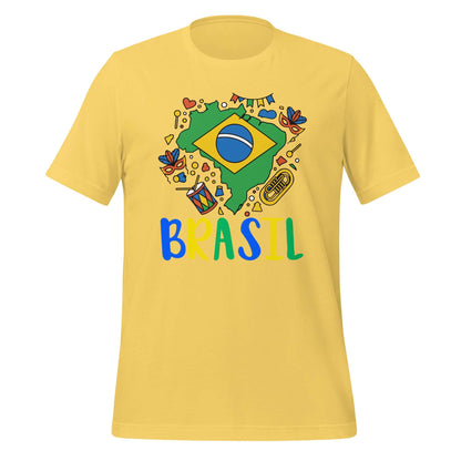 Brasil Unisex t-shirt with graphic design of Brazil flag and colorful elements on a yellow shirt.