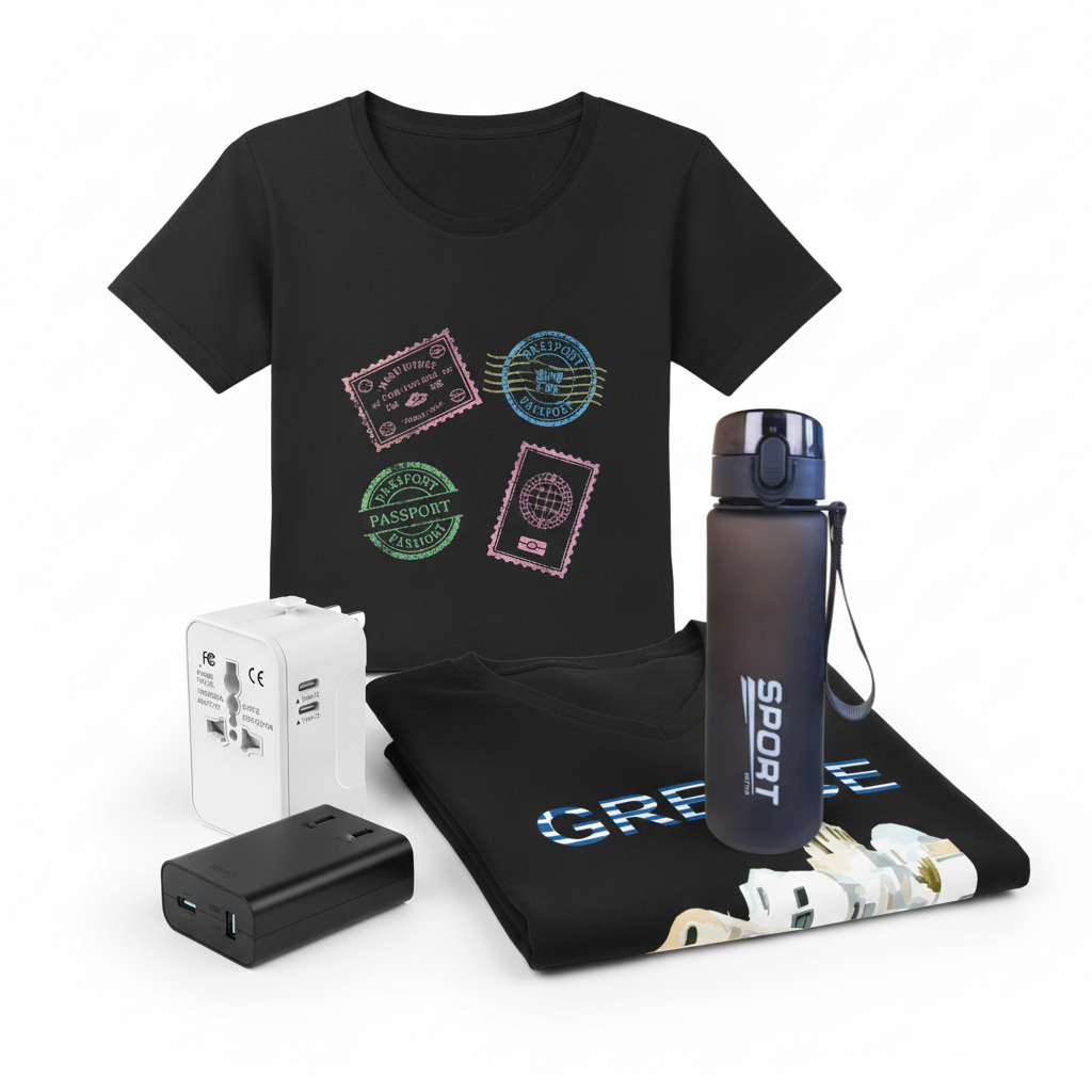 Ultimate Travel Essentials 4-Piece Bundle - Shirts, Adapter & Bottle by Passport Outfitters