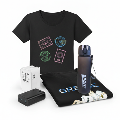 Ultimate Travel Essentials 4-Piece Bundle - Shirts, Adapter & Bottle by Passport Outfitters